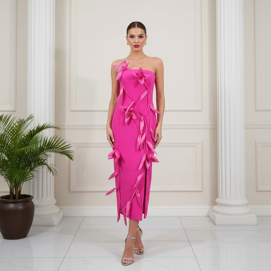 Daliamori Luxury Strapless Midi with 3D Floral Dress - Lu Di Lusso