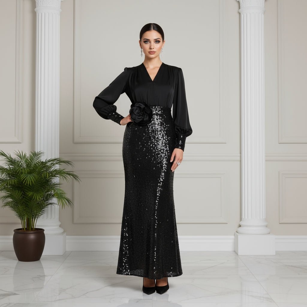 Delavie V - neck sequin appliqué dress - Lu Di Lusso