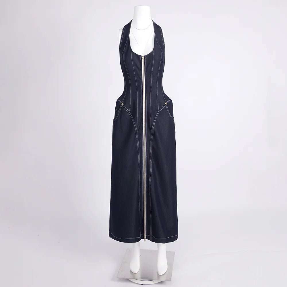 DENAVIA Backless Denim Maxi Dress - Lu Di Lusso