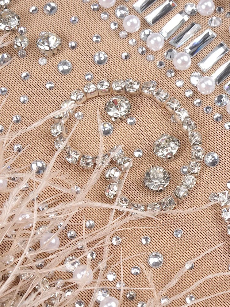 Diva dazzling mini bodycon with pearls, diamonds, feathers - Lu Di Lusso