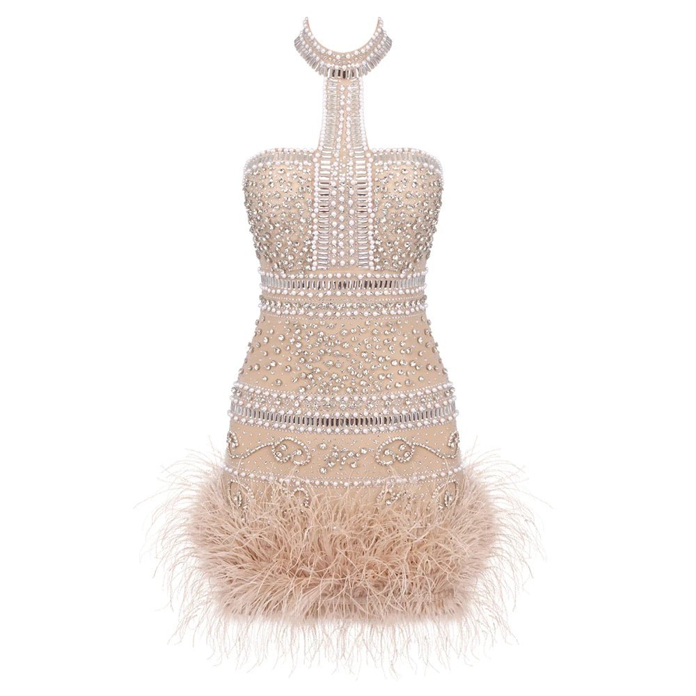 Diva dazzling mini bodycon with pearls, diamonds, feathers - Lu Di Lusso