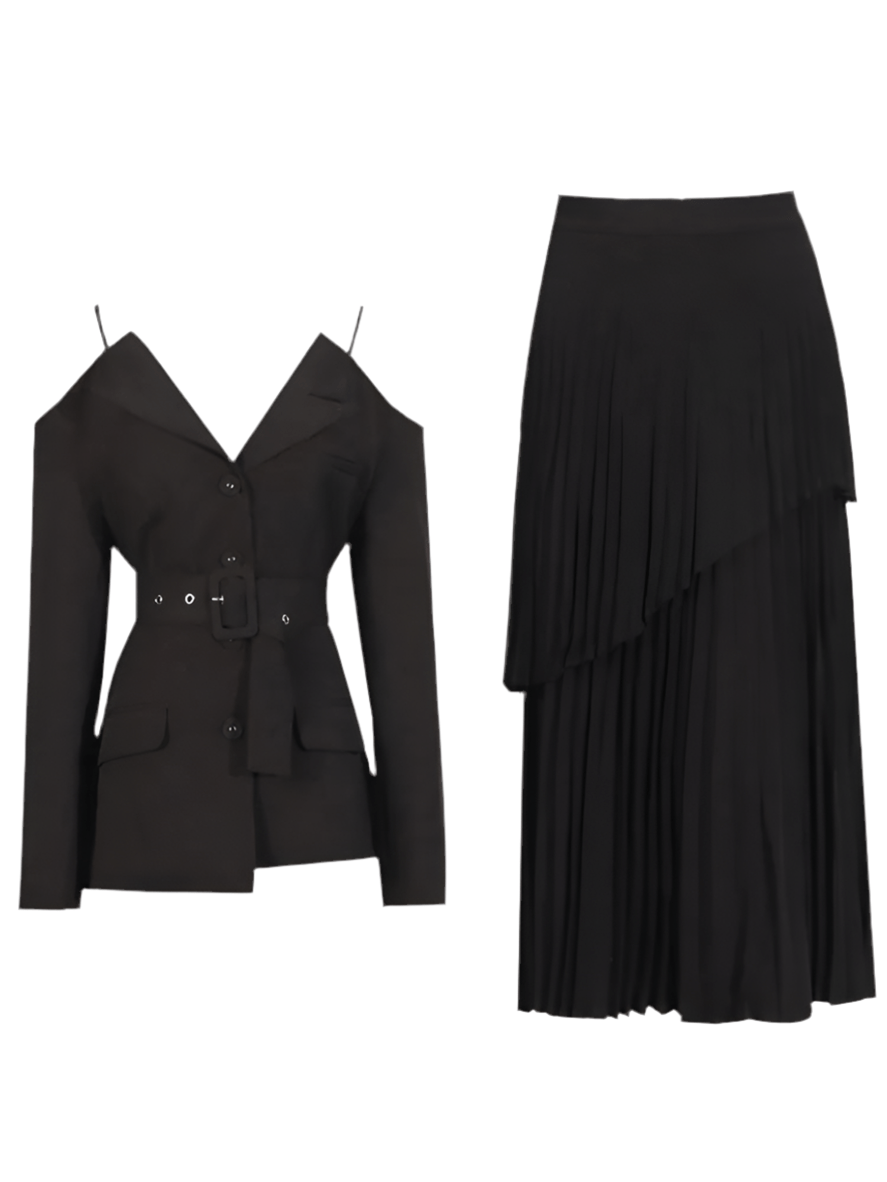 Elan two - piece set featuring a cold shoulder blazer with belt and pleated skirt - Lu Di Lusso
