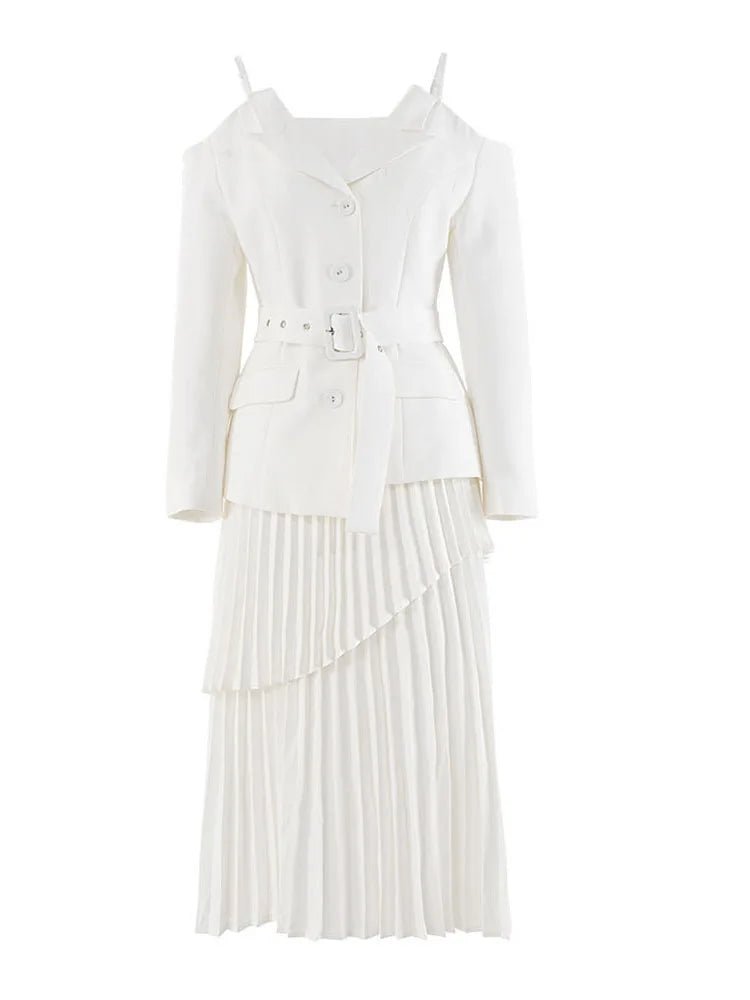 Elan two - piece set featuring a cold shoulder blazer with belt and pleated skirt - Lu Di Lusso