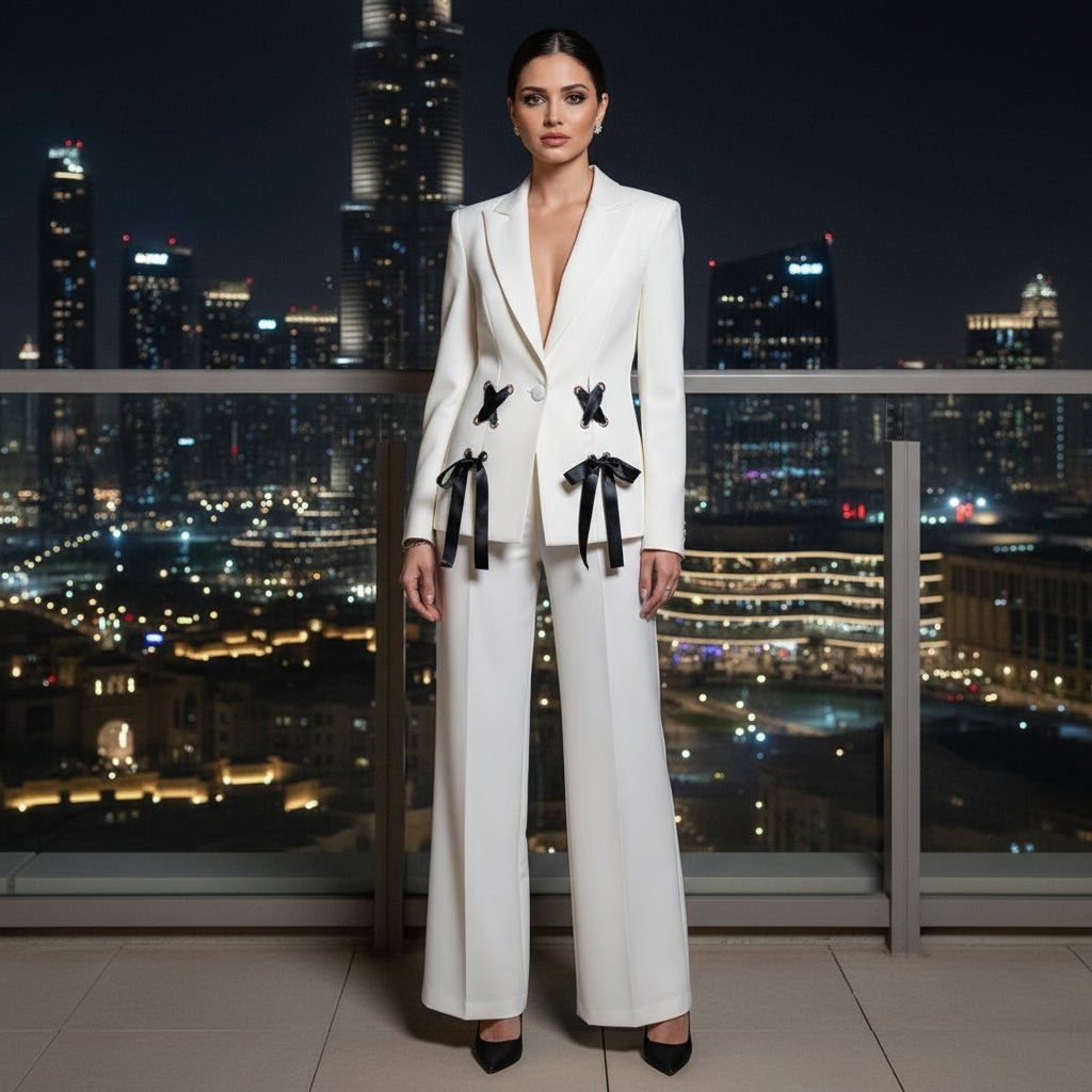 Eleganca A refined jacket and pants set with Ribbon details - Lu Di Lusso