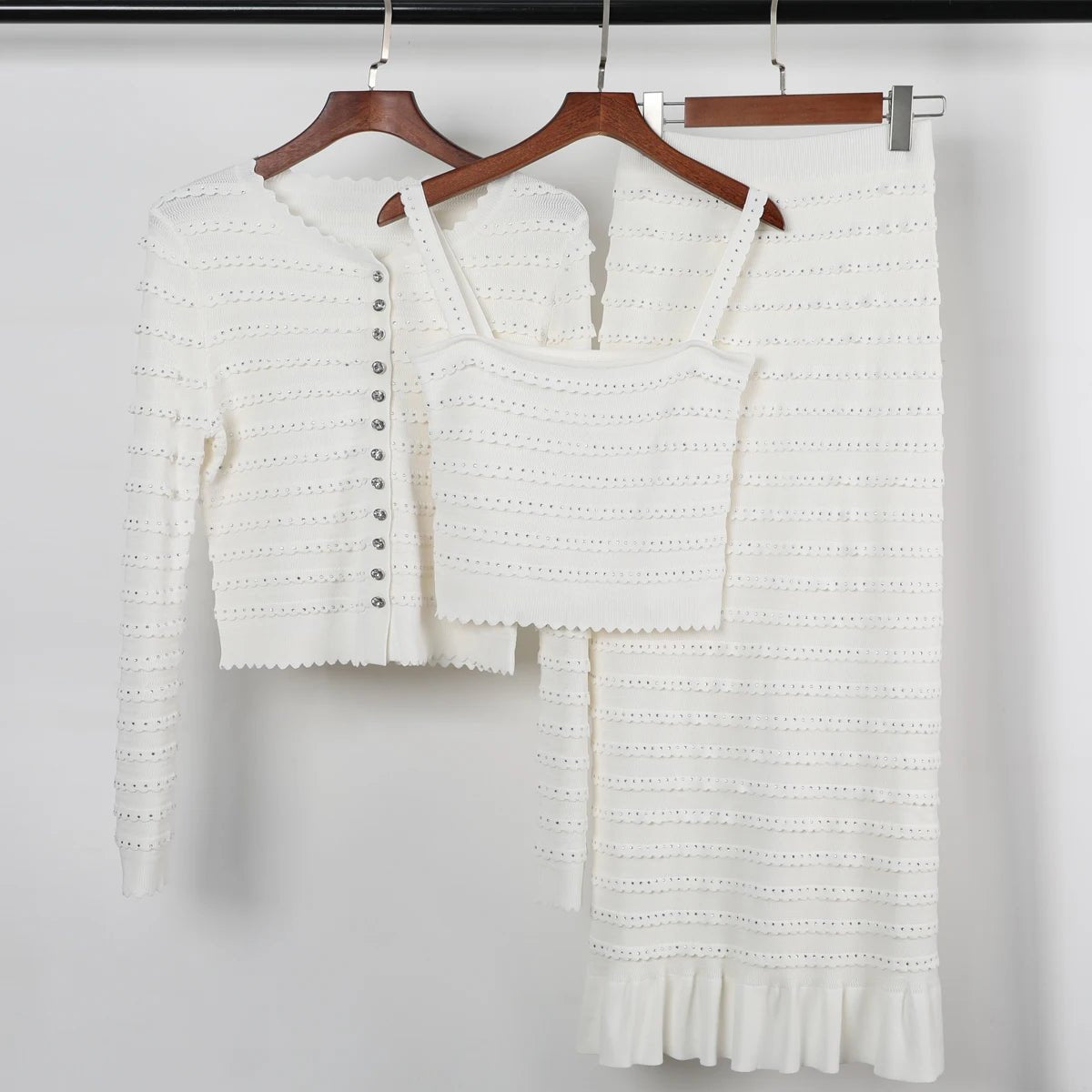 Élivane Knitted Lace Rhinestone Cardigan & Ruffle Skirt Set - Lu Di Lusso