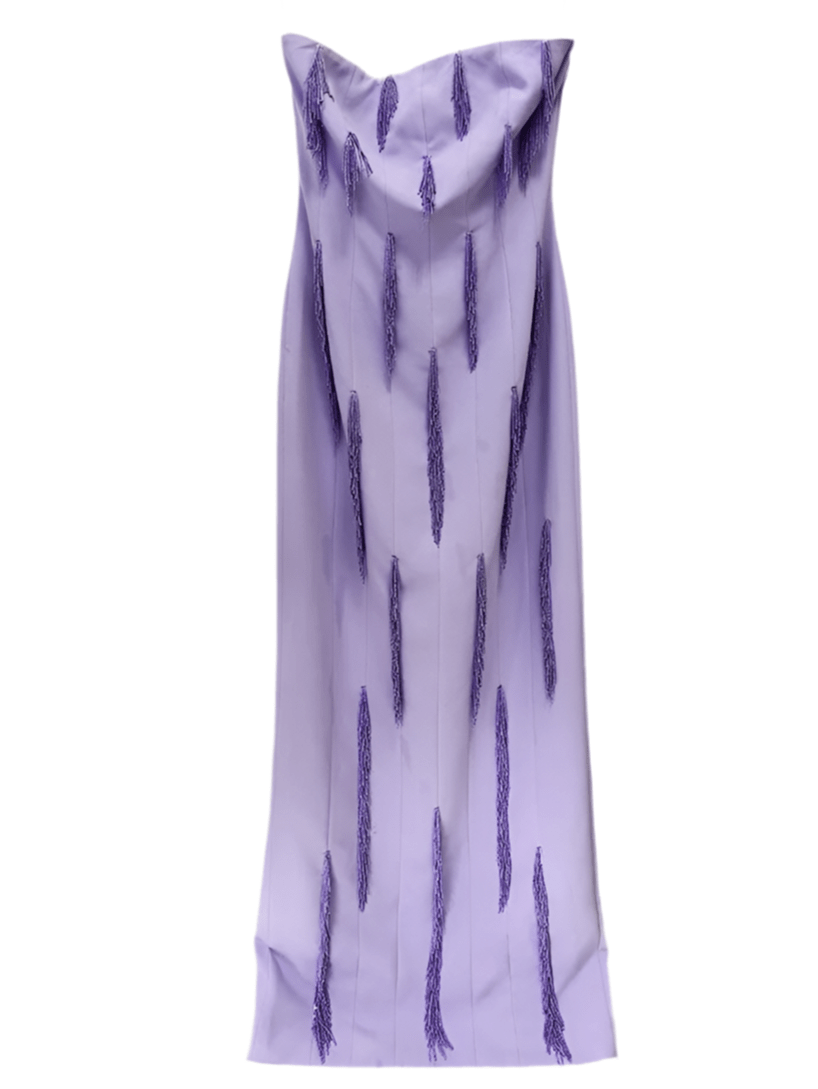 strapless ruched tassel dress in lavender Strapless Ruched Tassel Dress in Lavender