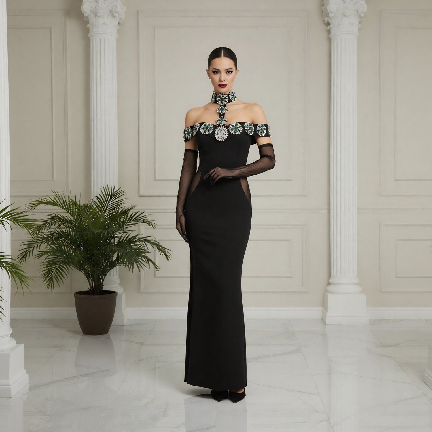 Fatalé Noir a black crystal - beaded bodycon dress - Lu Di Lusso