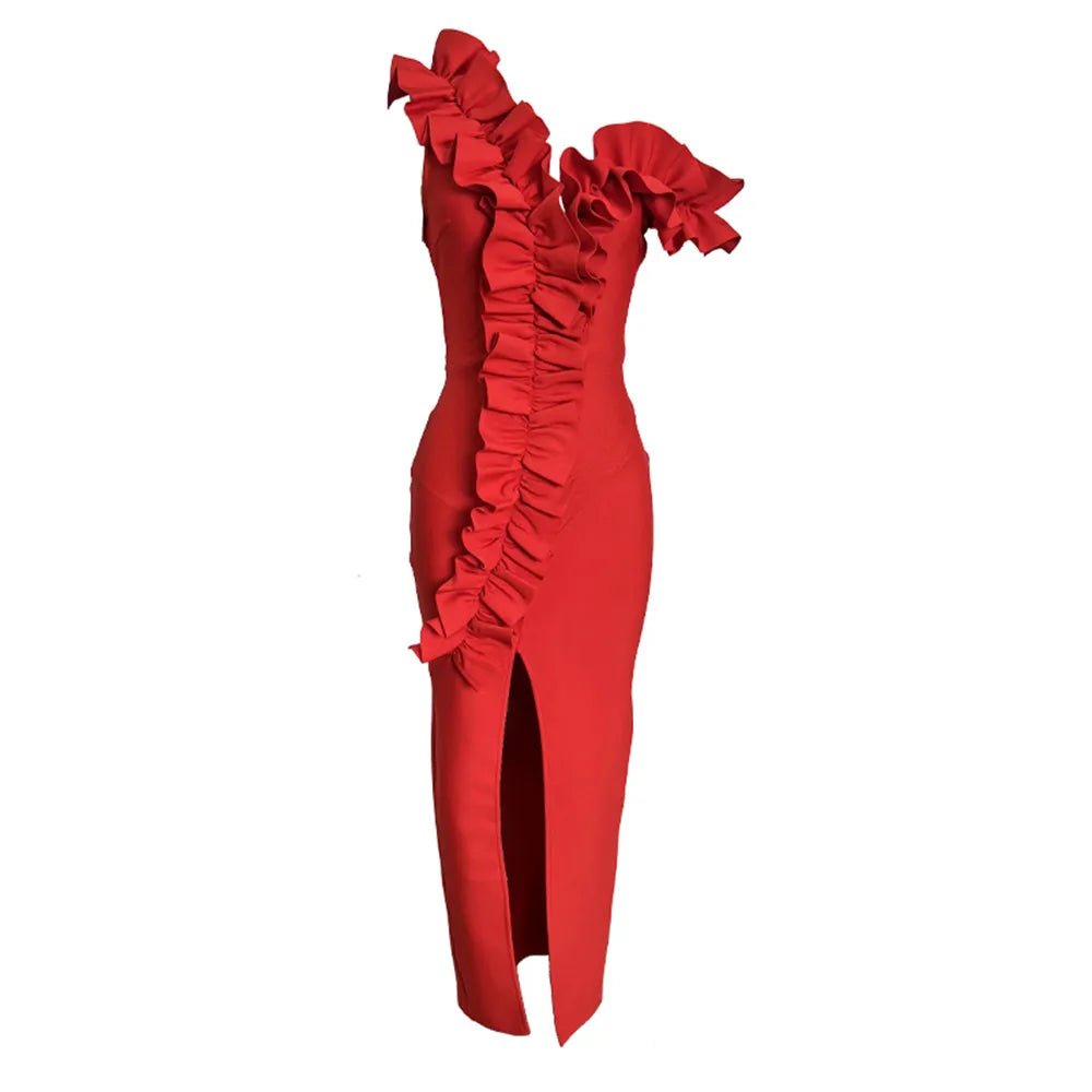 red off the shoulder bandage dress Herve Leger Sheath Dress