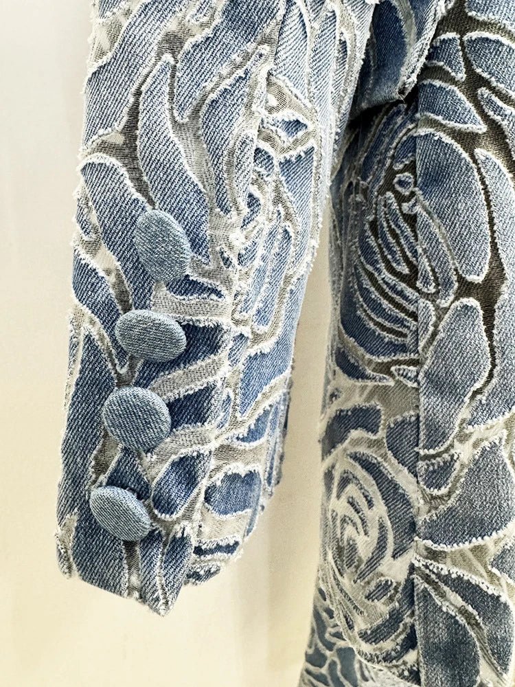 Floréa Floral Denim Suit Set – Lapel Coat & High - Waist Pants - Lu Di Lusso