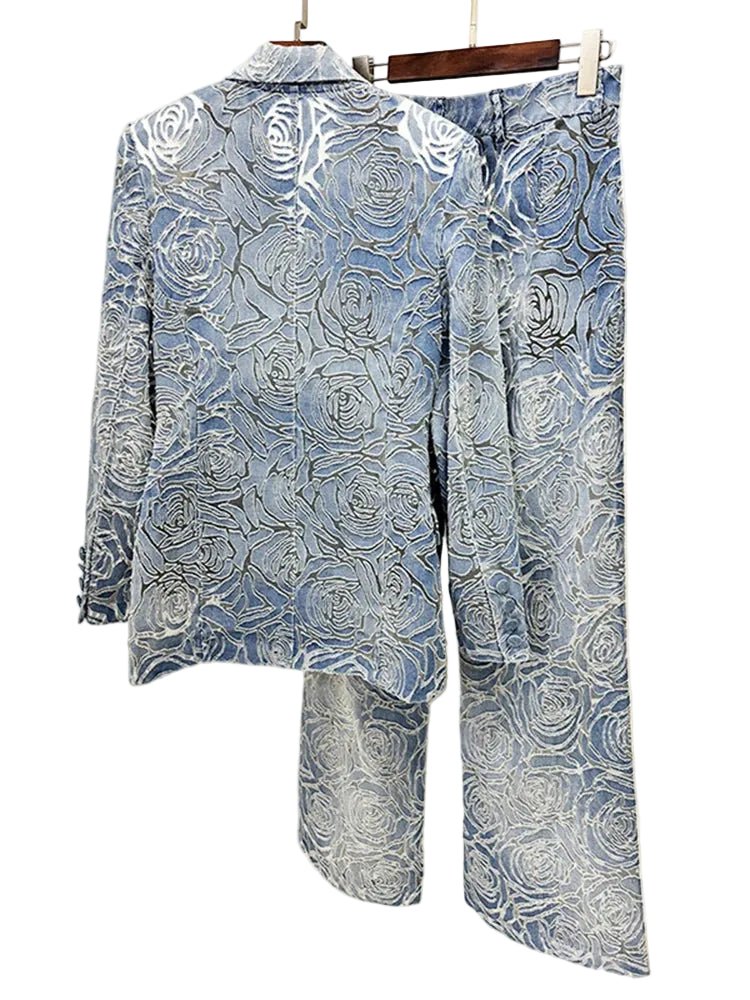 Floréa Floral Denim Suit Set – Lapel Coat & High - Waist Pants - Lu Di Lusso