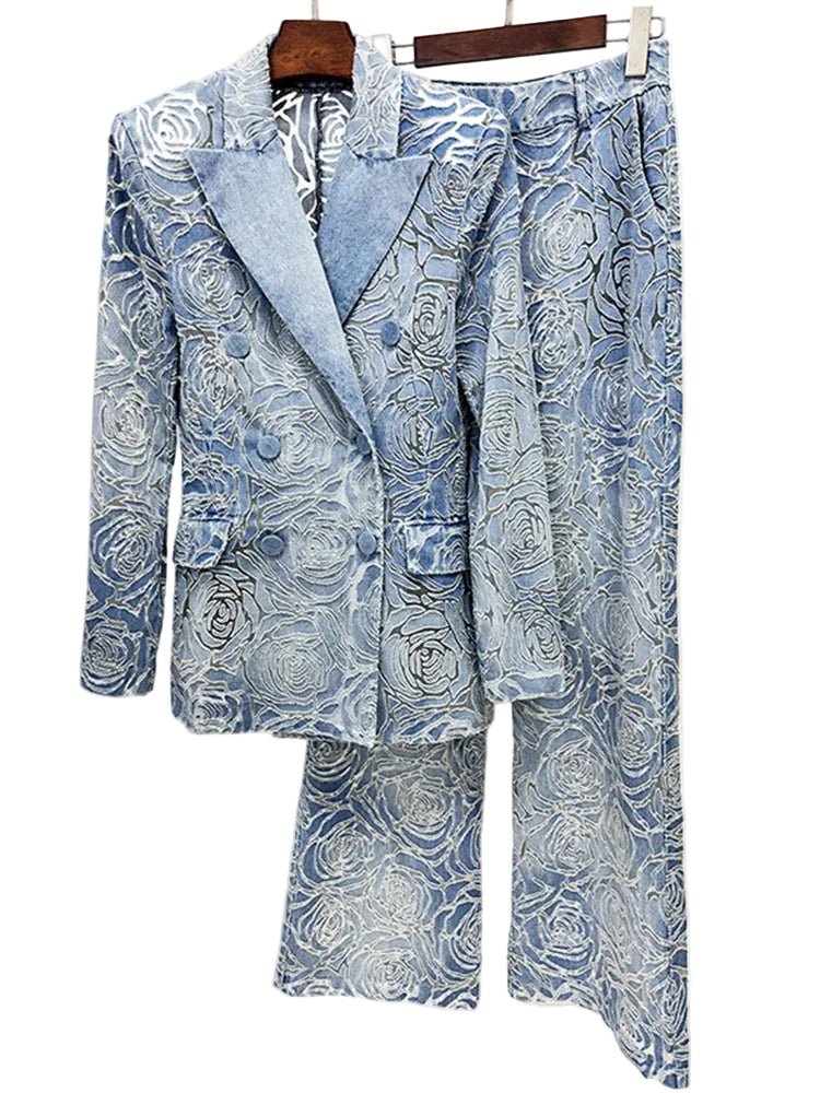 Floréa Floral Denim Suit Set – Lapel Coat & High - Waist Pants - Lu Di Lusso