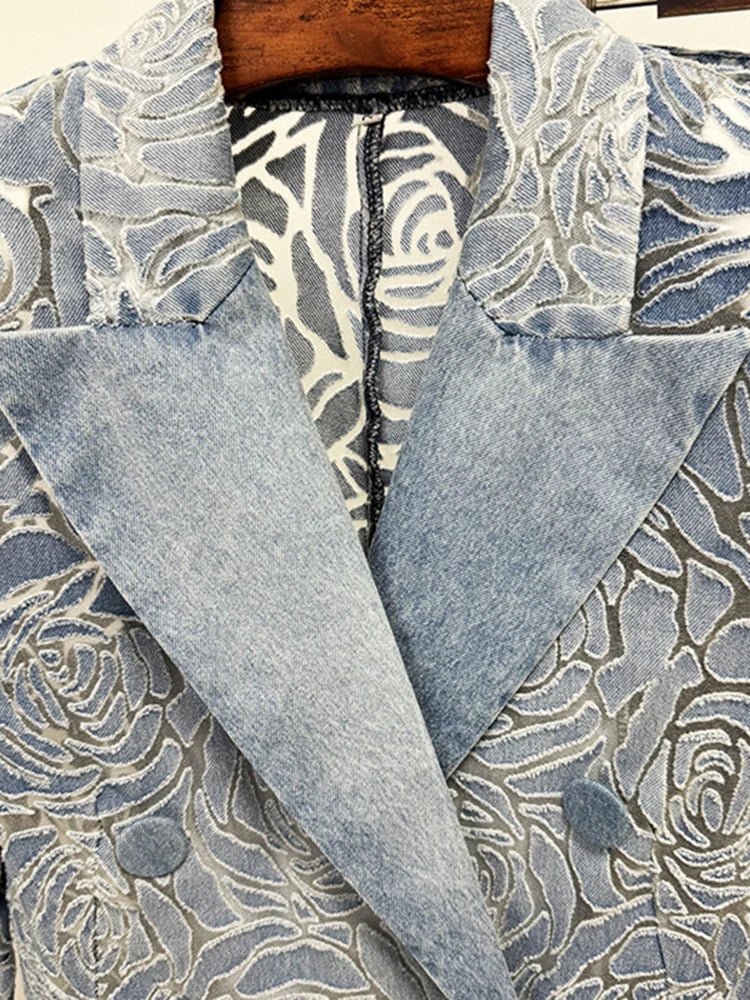 Floréa Floral Denim Suit Set – Lapel Coat & High - Waist Pants - Lu Di Lusso