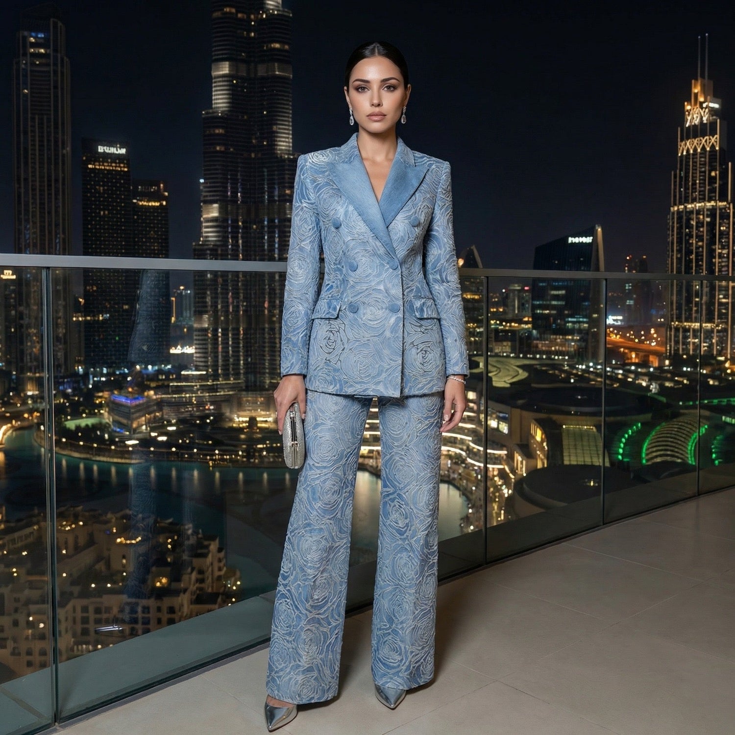 Floréa Floral Denim Suit Set – Lapel Coat & High - Waist Pants - Lu Di Lusso