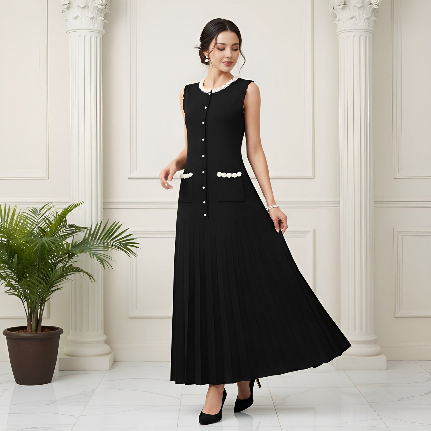 Florivelle Handmade Floral Pearl Sleeveless Dress - Lu Di Lusso