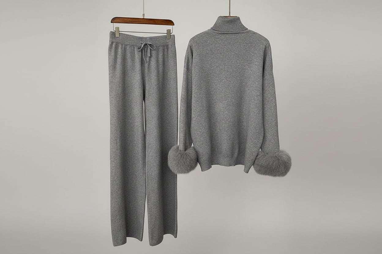 Ivlin Fox Fur Knitted Set – Real Fur Cuff Sweater & Pants Winter Outfit - Lu Di Lusso