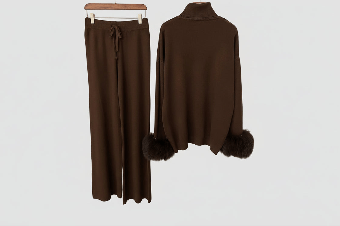 Ivlin Fox Fur Knitted Set – Real Fur Cuff Sweater & Pants Winter Outfit - Lu Di Lusso