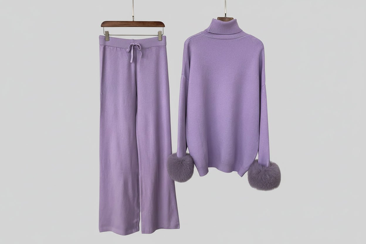 Ivlin Fox Fur Knitted Set – Real Fur Cuff Sweater & Pants Winter Outfit - Lu Di Lusso