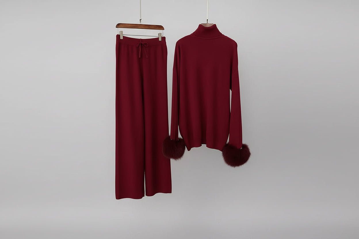 Ivlin Fox Fur Knitted Set – Real Fur Cuff Sweater & Pants Winter Outfit - Lu Di Lusso