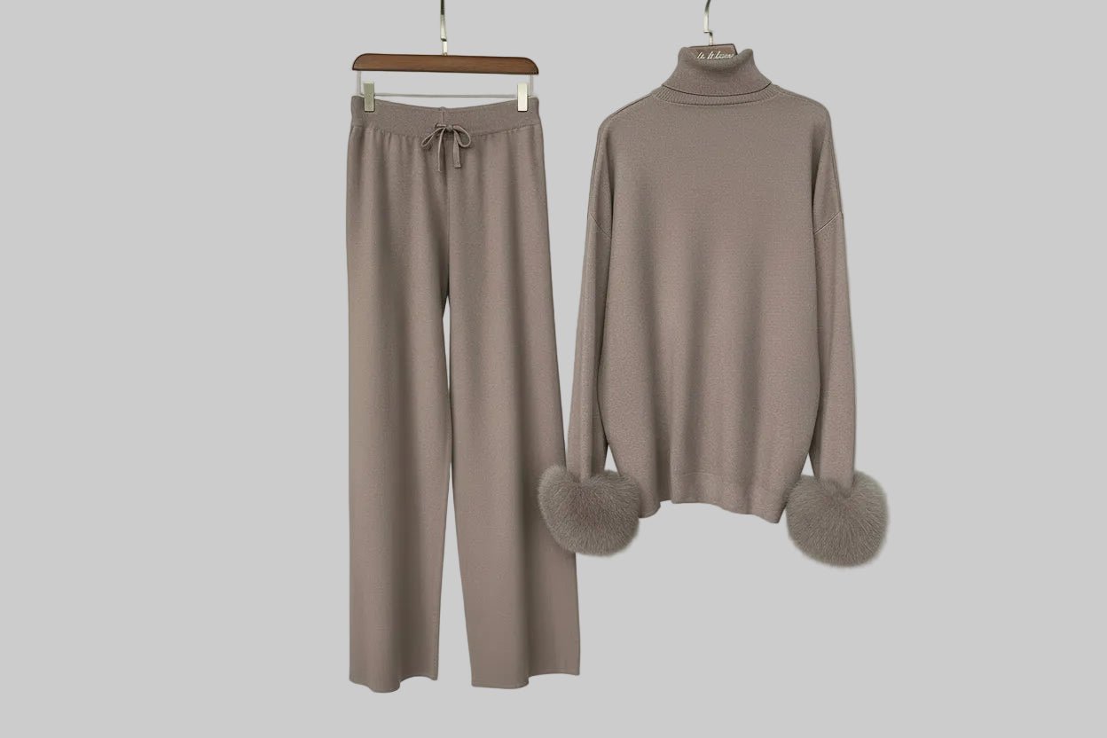Ivlin Fox Fur Knitted Set – Real Fur Cuff Sweater & Pants Winter Outfit - Lu Di Lusso