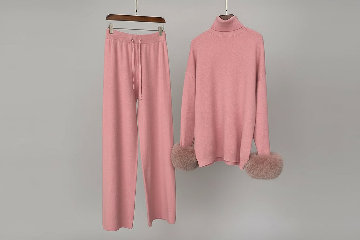 Ivlin Fox Fur Knitted Set – Real Fur Cuff Sweater & Pants Winter Outfit - Lu Di Lusso
