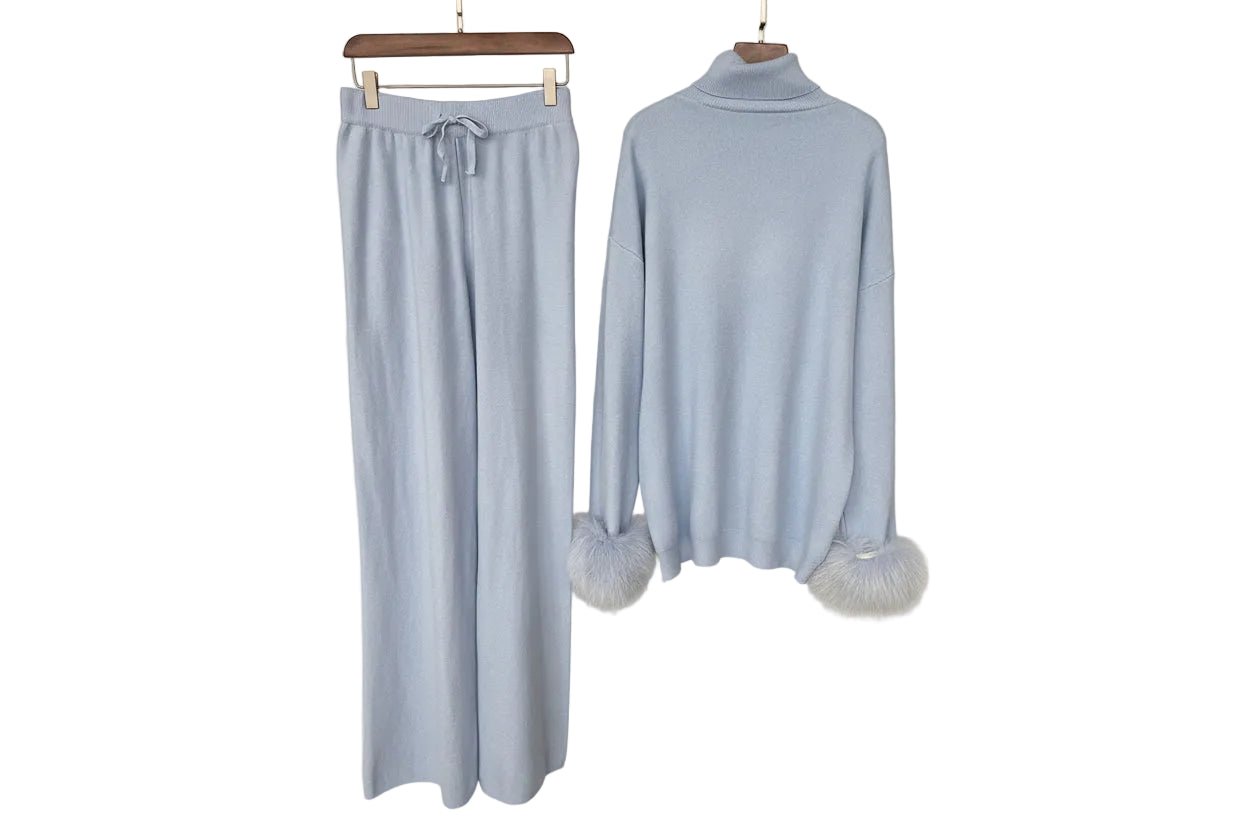 Ivlin Fox Fur Knitted Set – Real Fur Cuff Sweater & Pants Winter Outfit - Lu Di Lusso