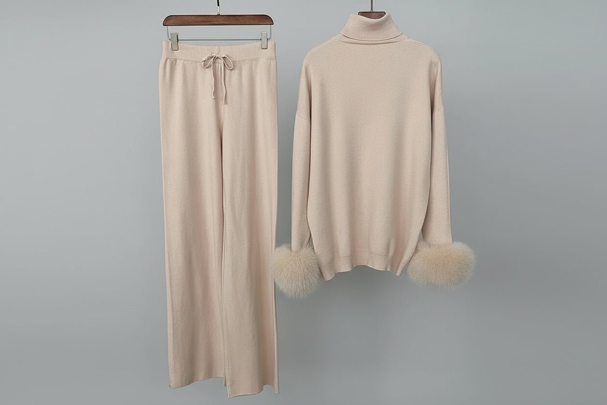 Ivlin Fox Fur Knitted Set – Real Fur Cuff Sweater & Pants Winter Outfit - Lu Di Lusso