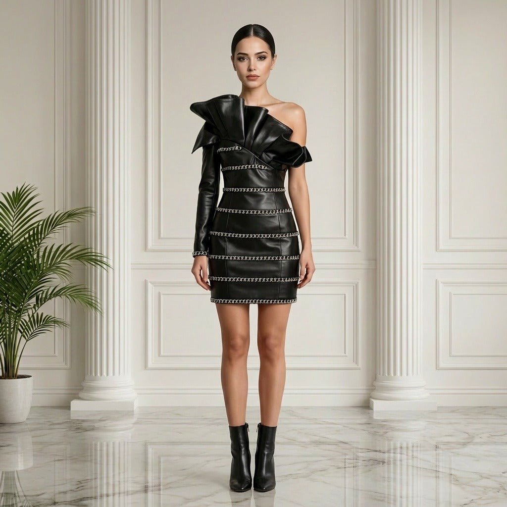 Lotessa One - Shoulder Leather Mini Dress - Lu Di Lusso