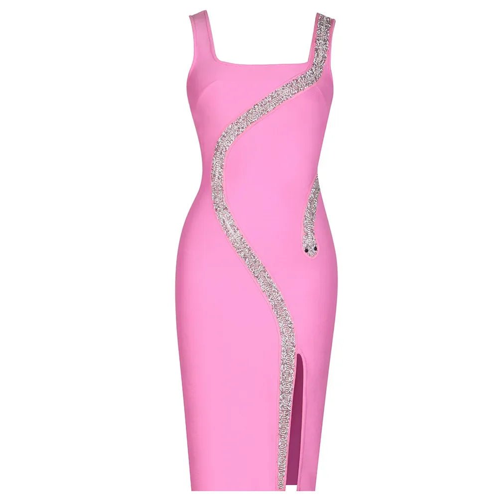 Lu Di Lu - A sleeveless blush bandage midi dress adorned silver rhinestone snake details. - Lu Di Lusso