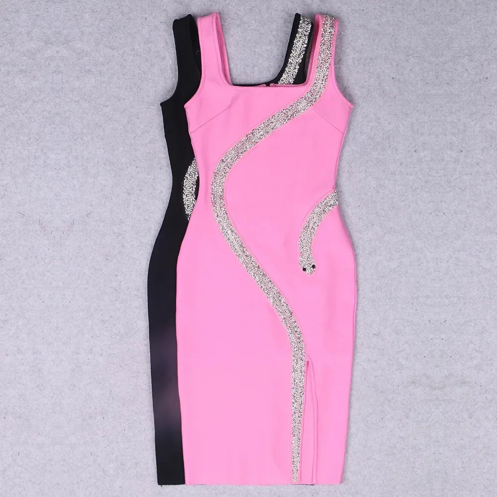Lu Di Lu - A sleeveless blush bandage midi dress adorned silver rhinestone snake details. - Lu Di Lusso