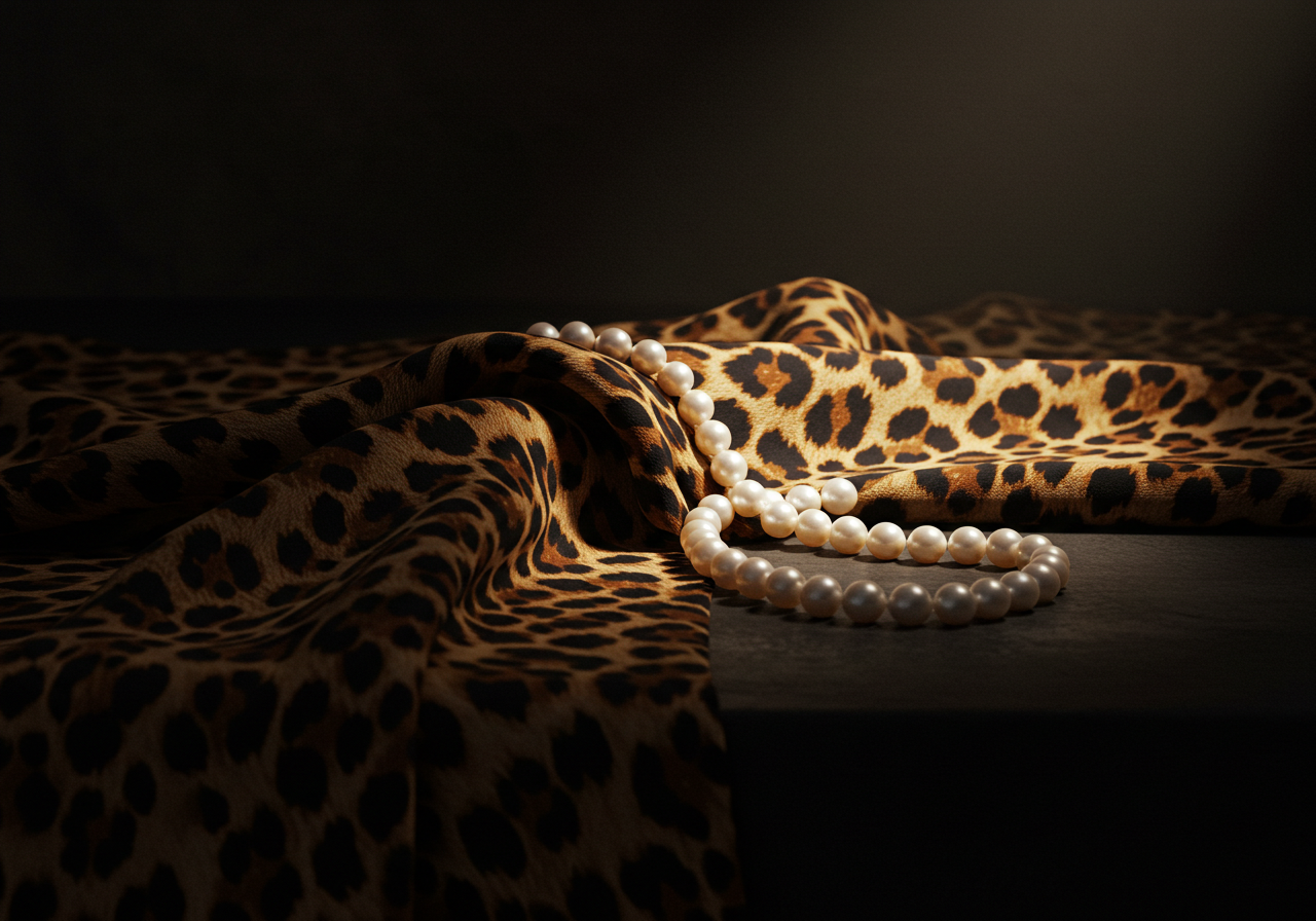 An artistic still life representing the LU DI LUSSO promise, featuring a leopard print silk fabric and a string of pearls.