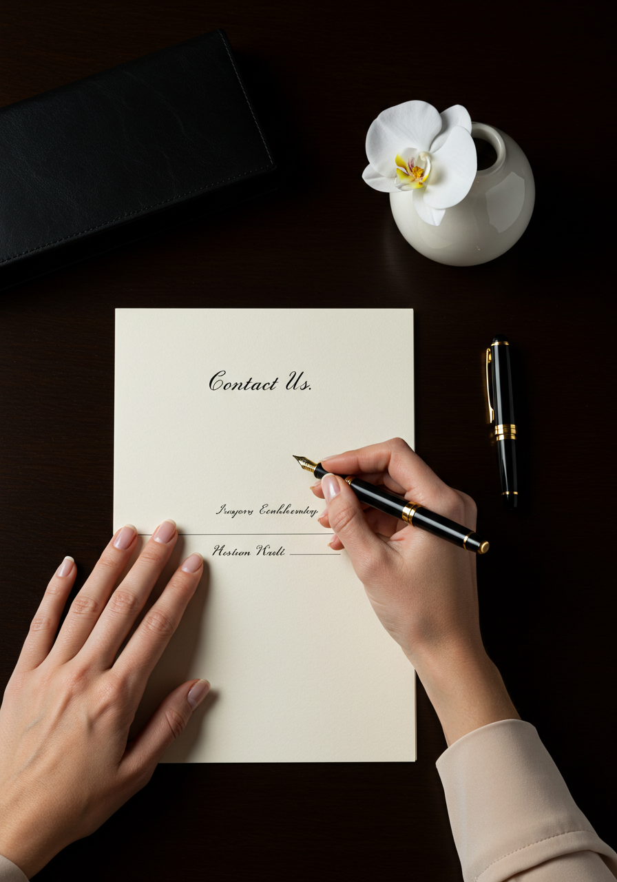 A close-up image for LU DI LUSSO's Contact Us page, showing a woman's hands writing with a fountain pen on elegant paper, conveying personal and attentive customer service.