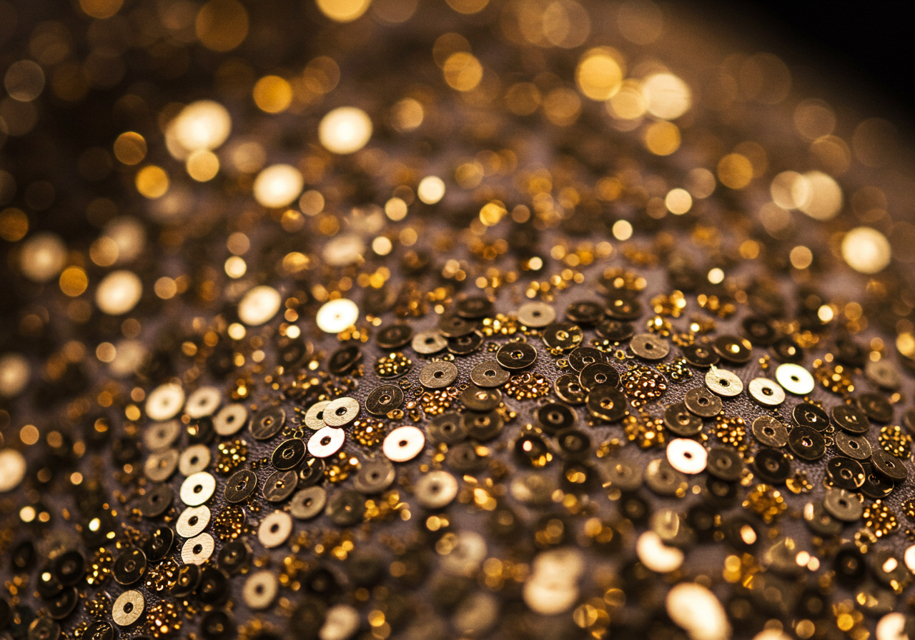 A glamorous close-up on the sparkling sequin or metallic thread detail of an evening dress from The Evening Edit by LU DI LUSSO.