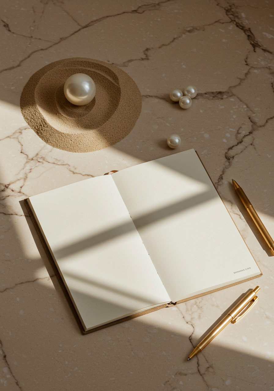 An elegant flat lay for LU DI LUSSO's FAQ page, featuring an open journal, a gold pen, and a white pearl on a beige marble surface, symbolizing clarity and luxury.