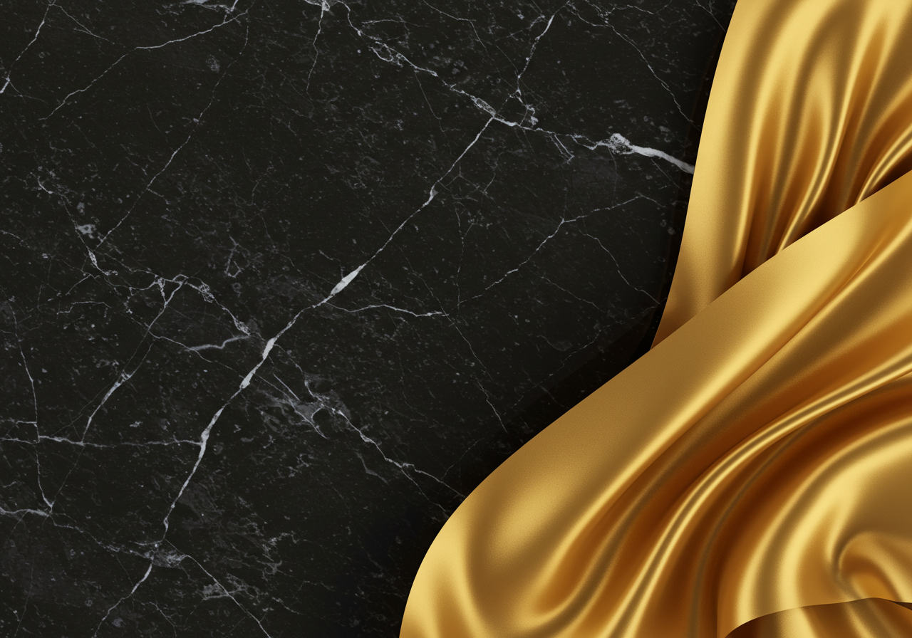 An abstract and luxurious background image for LU DI LUSSO, featuring a blend of black marble and golden silk textures.