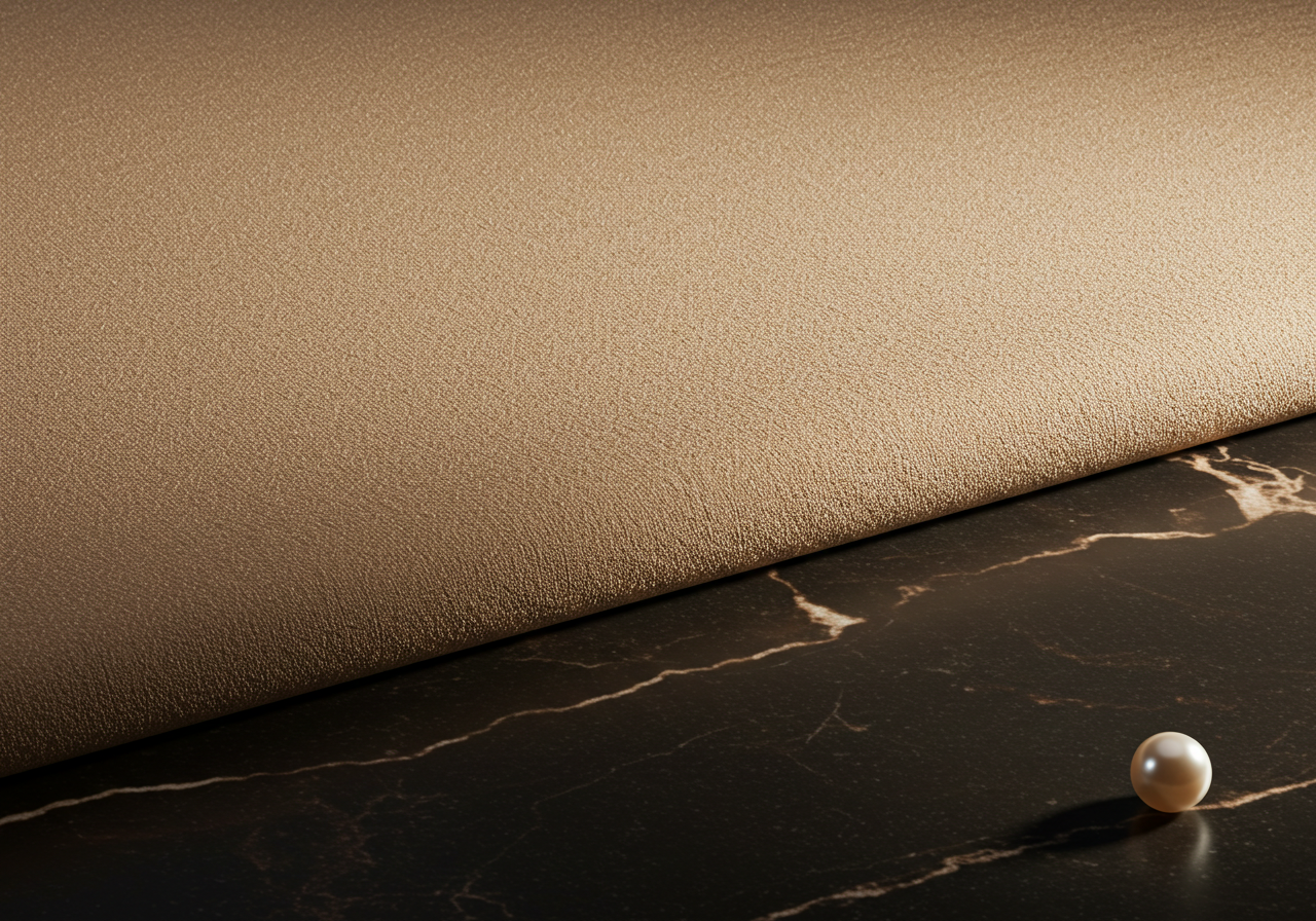 An abstract luxury background texture for the LU DI LUSSO footer, featuring soft beige fabric and dark marble with a hint of a pearl, conveying elegance and quality.
