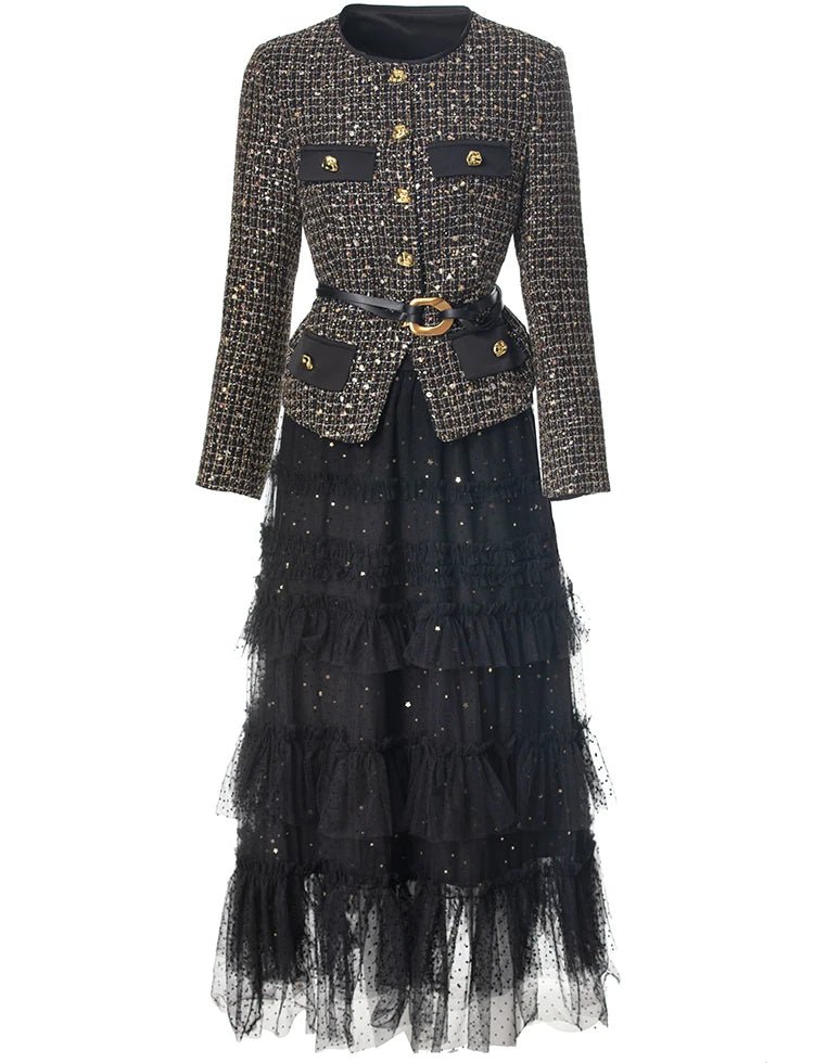 Ludinoir Elegant Women's Sequin Blazer & Ruffle Skirt Set - Lu Di Lusso