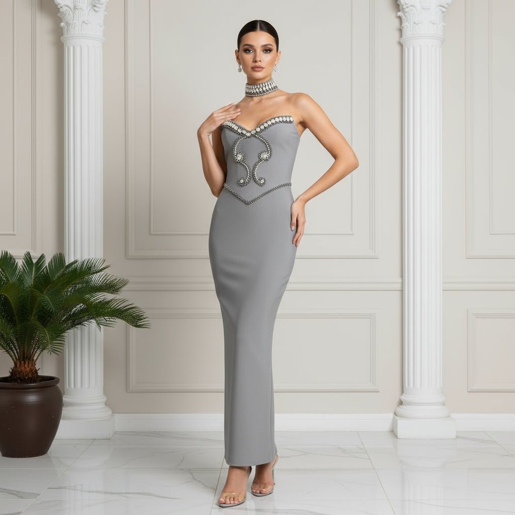 Lunar - Elegant strapless bandage evening gown adorned with silver crystal. - Lu Di Lusso