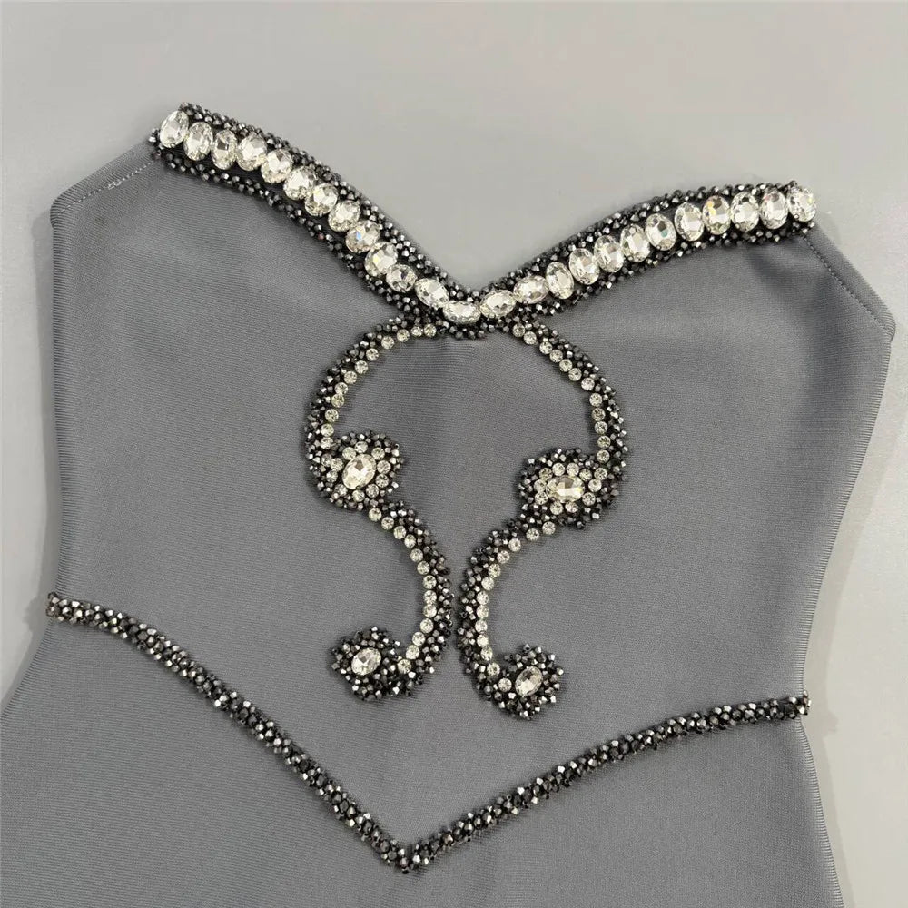 Lunar - Elegant strapless bandage evening gown adorned with silver crystal. - Lu Di Lusso