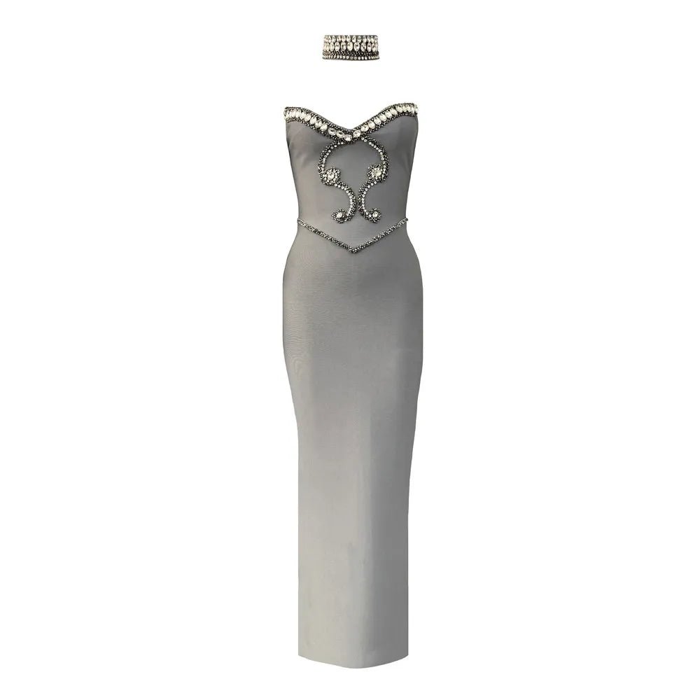 Lunar - Elegant strapless bandage evening gown adorned with silver crystal. - Lu Di Lusso