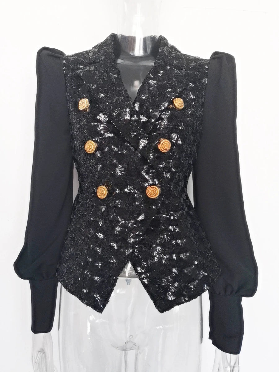 Lureva Black Sequin Jacket – Luxury Double - Breasted Blazer for Women - Lu Di Lusso