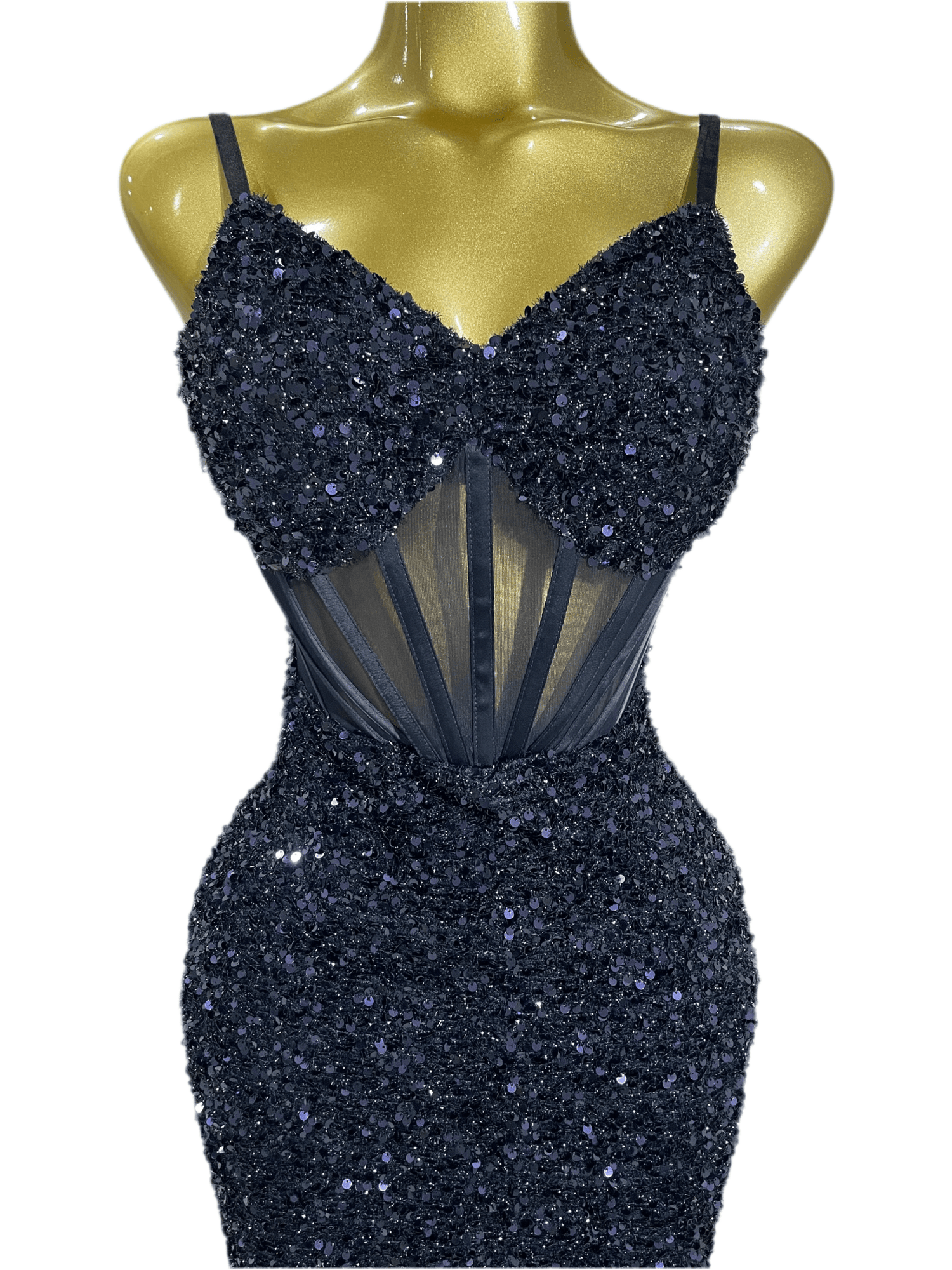 Lusea Evening Dress Blue Mesh with Sequins and Feathers - Lu Di Lusso