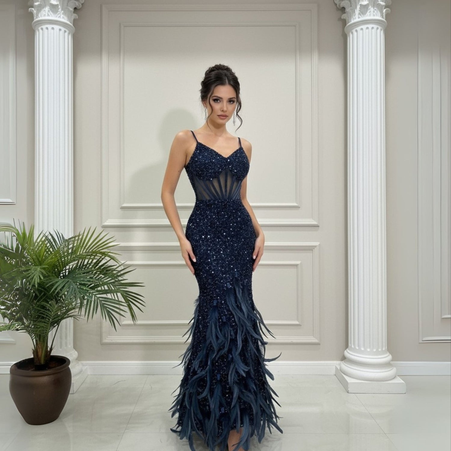 Lusea Evening Dress Blue Mesh with Sequins and Feathers - Lu Di Lusso