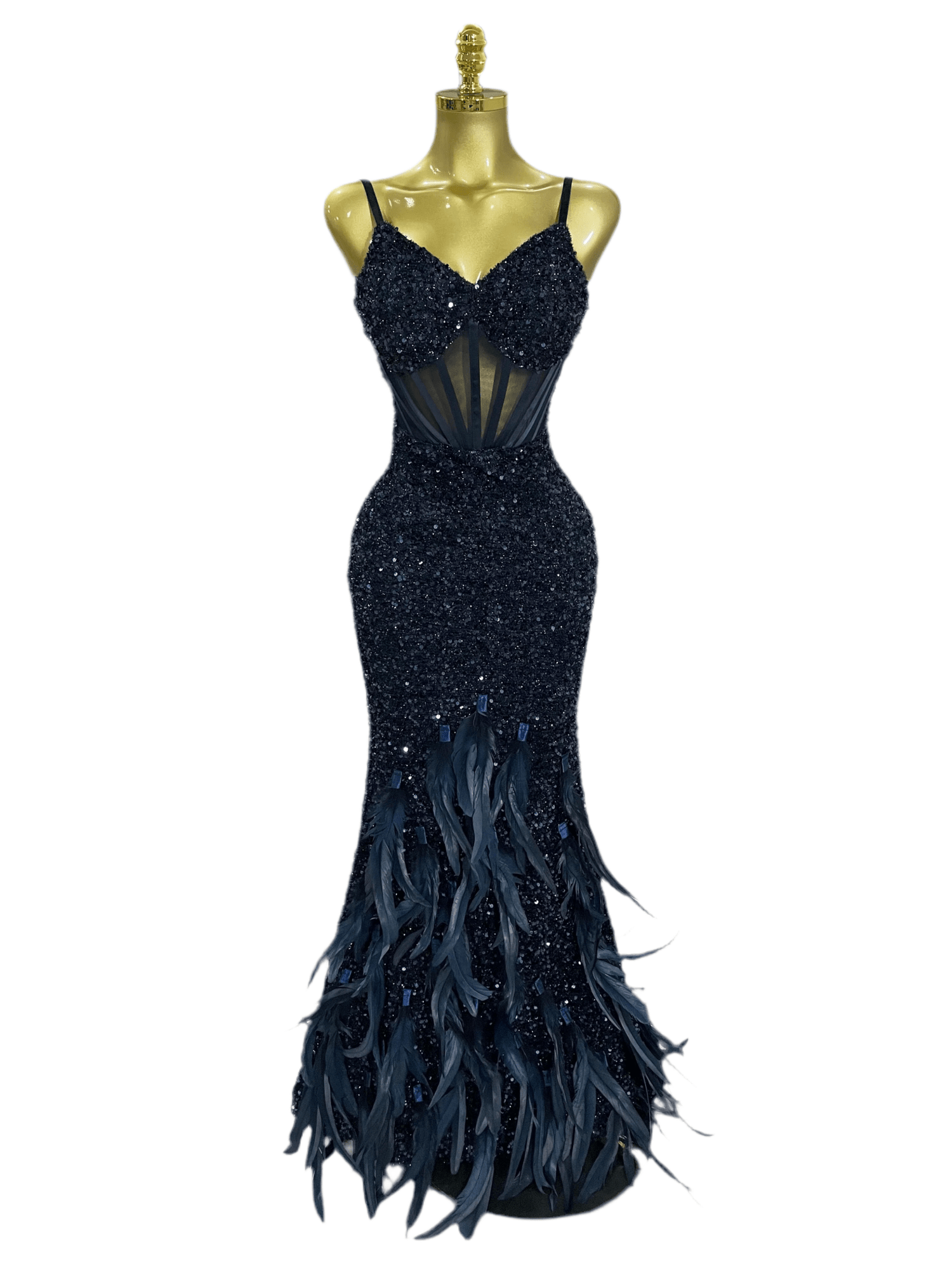 Lusea Evening Dress Blue Mesh with Sequins and Feathers - Lu Di Lusso