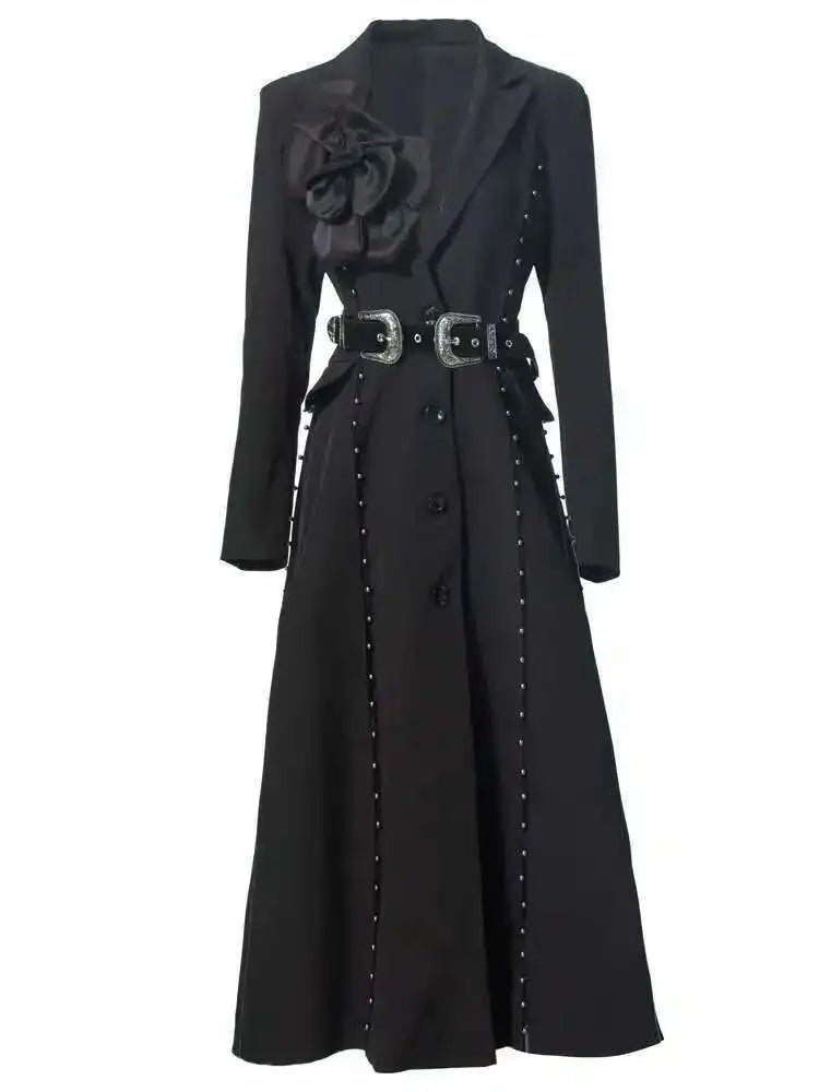 Marclaire Elegant black trench coat with waist belt and floral detail - Lu Di Lusso