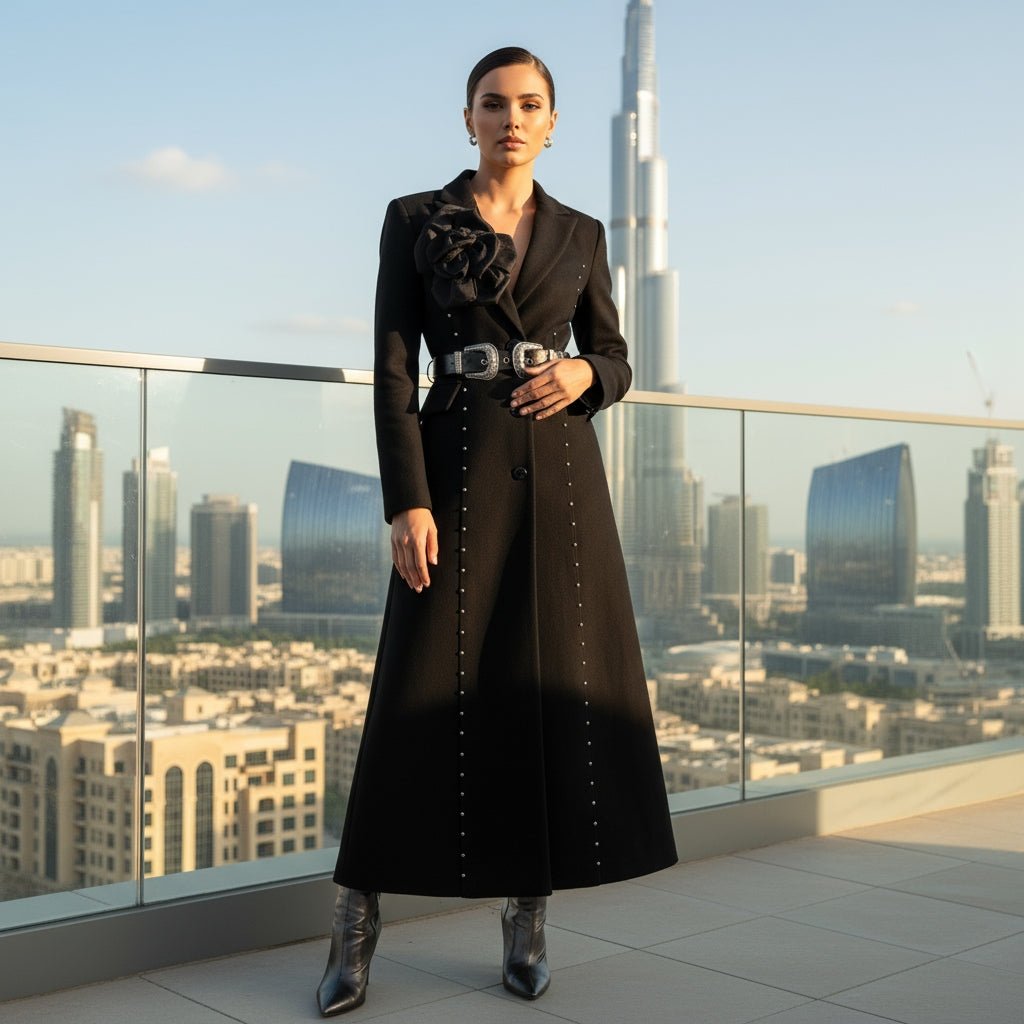 Marclaire Elegant black trench coat with waist belt and floral detail - Lu Di Lusso