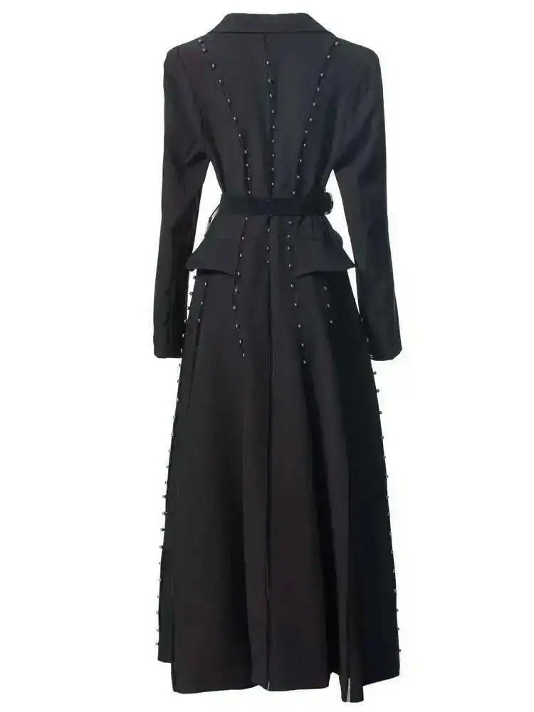 Marclaire Elegant black trench coat with waist belt and floral detail - Lu Di Lusso