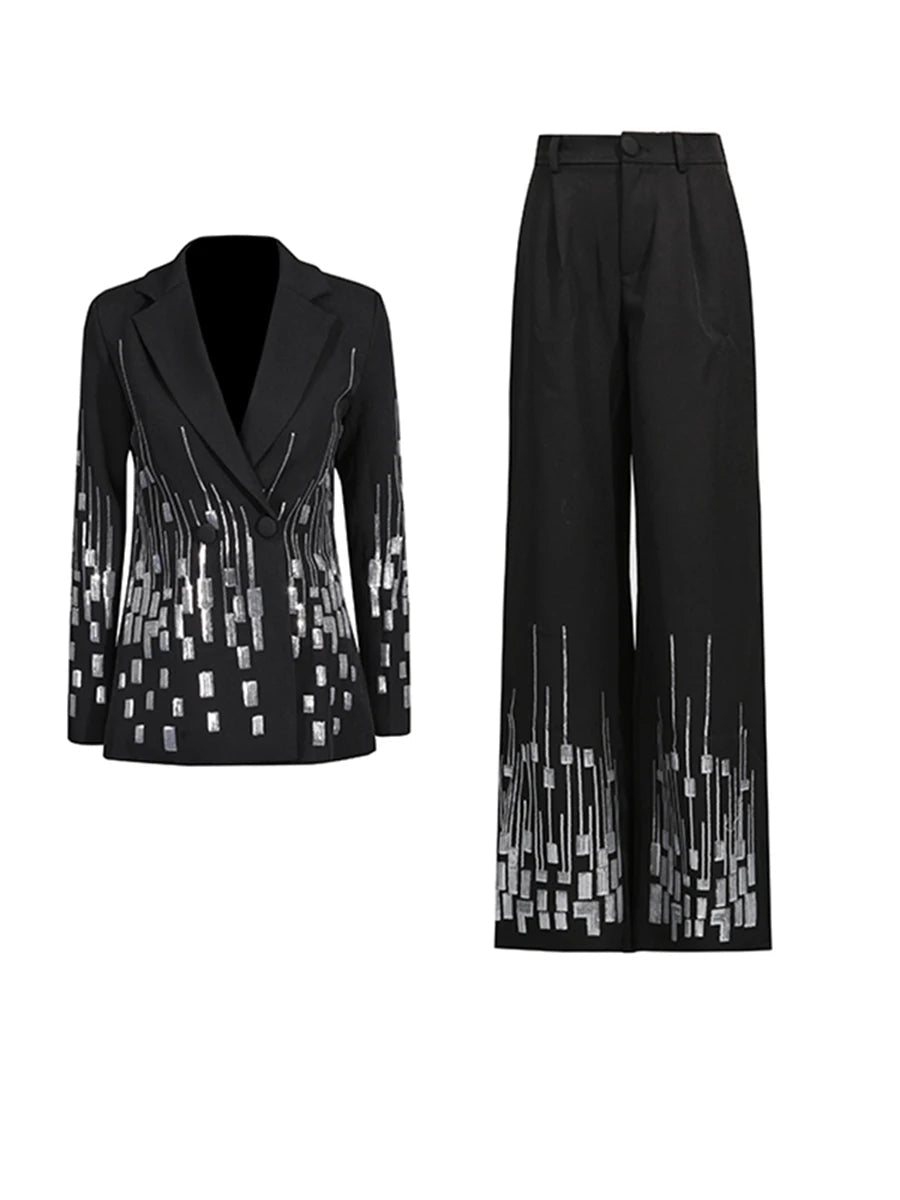 MARO Sequin Two - Piece Suit – Elegant Wide - Leg Trouser Set - Lu Di Lusso