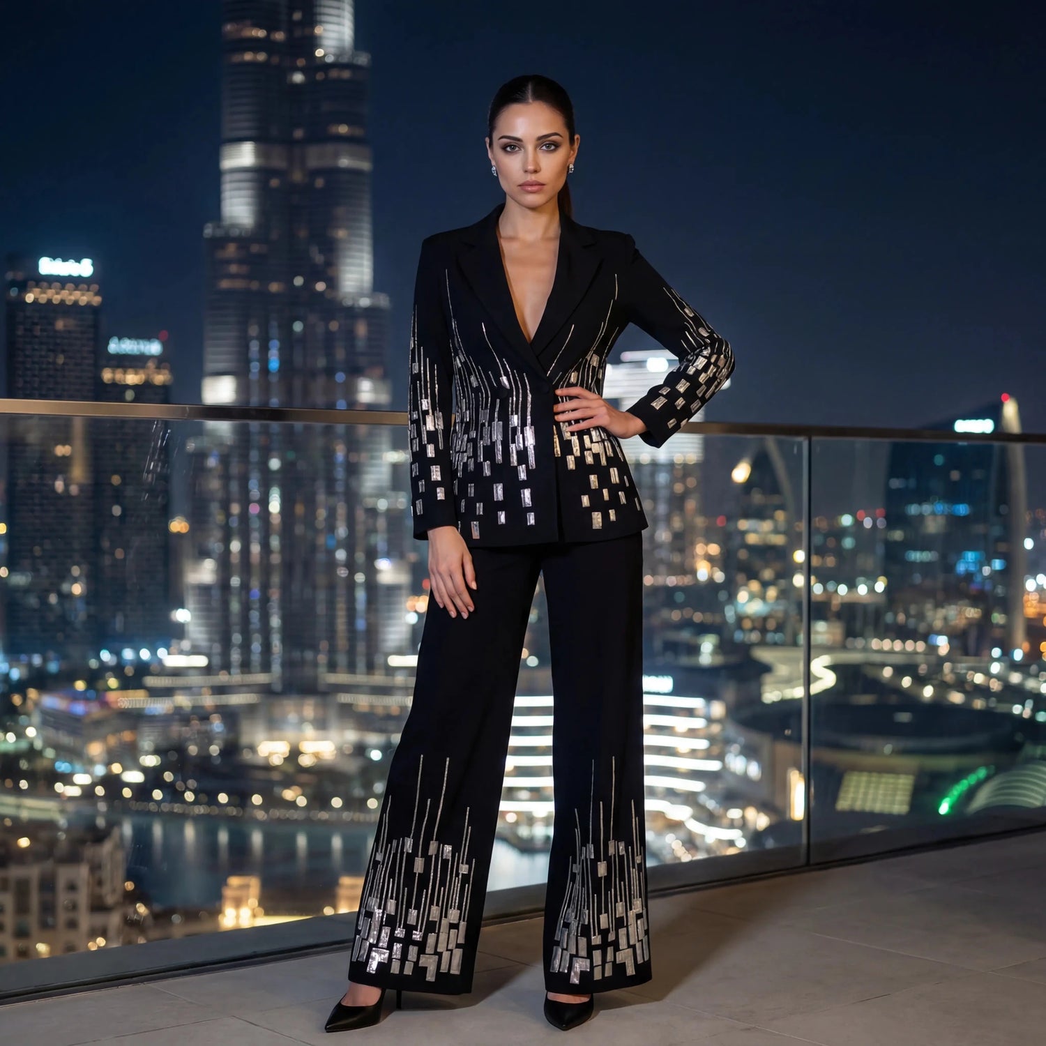 MARO Sequin Two - Piece Suit – Elegant Wide - Leg Trouser Set - Lu Di Lusso