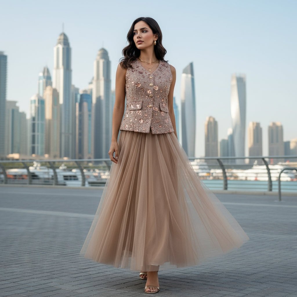Marvia is a vintage - inspired two - piece vest and maxi skirt - Lu Di Lusso