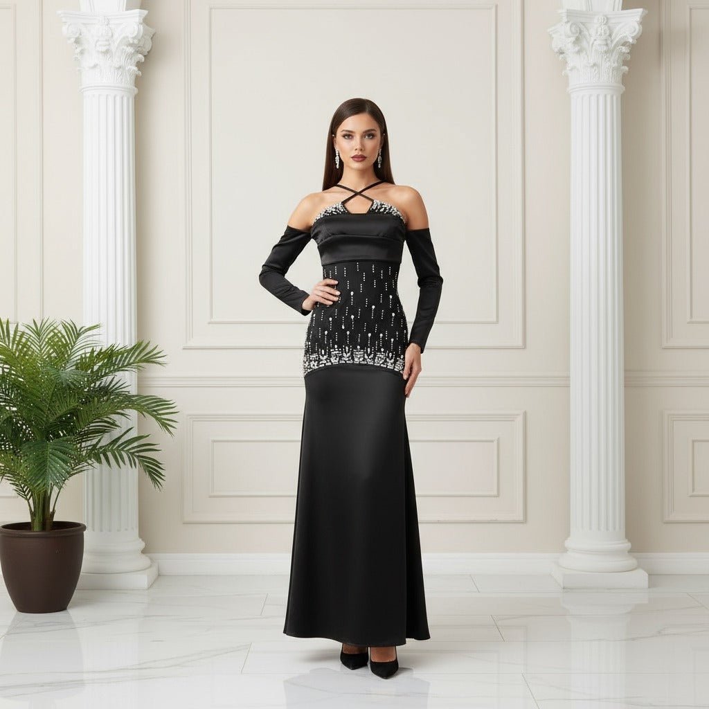 Merlin bandage maxi gown adorned with diamond. - Lu Di Lusso